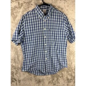 Brooks Brothers 346 Slim Fit Plaid Short Sleeve Button Up Shirt Men's L Blue
